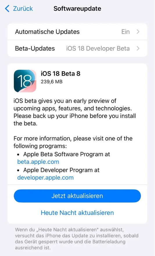 韶关苹果手机维修分享苹果 iOS / iPadOS 18 开发者预览版 Beta 8 发布 